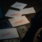 オンラインバンキングの残高画面と「URGENT」と書かれた封筒、詐欺を示唆する不審な電話