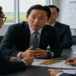 会議中の男性と机上の稲