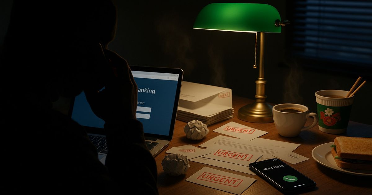 オンラインバンキングの残高画面と「URGENT」と書かれた封筒、詐欺を示唆する不審な電話
