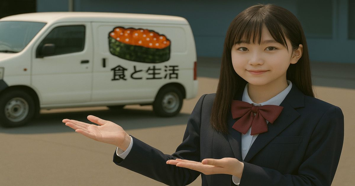 食と生活のデリバリーカーと女性キャラクター