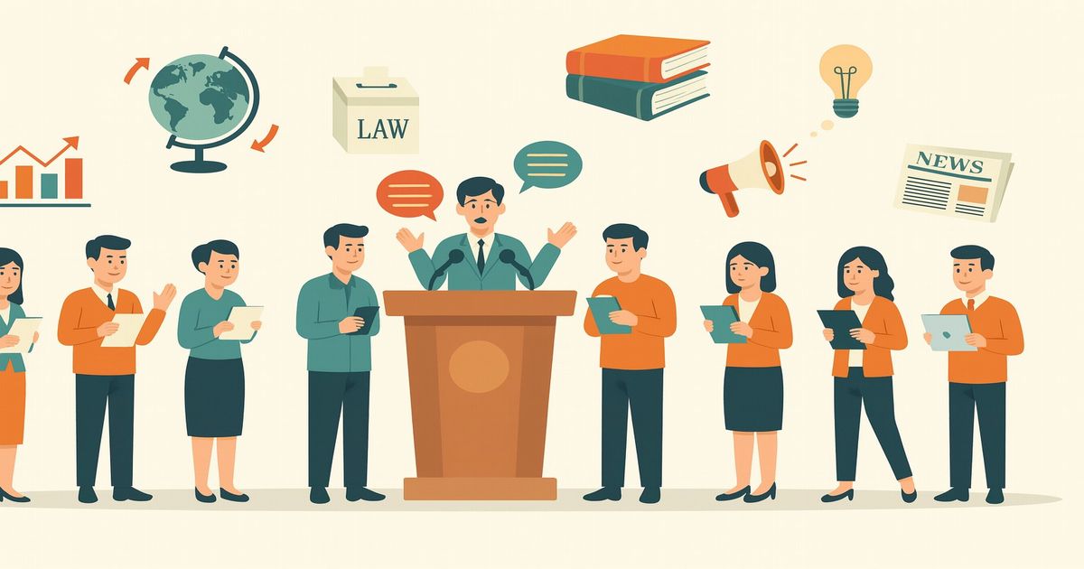 演説を行う人物と聴衆、法律やニュースを象徴するアイコンが描かれたイラスト