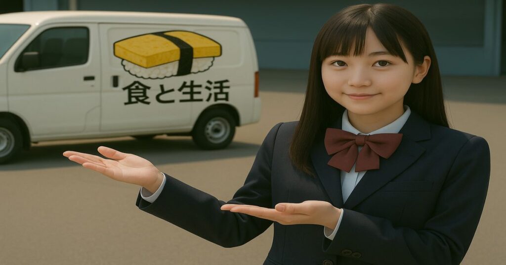 食と生活のデリバリーカーと女性キャラクター