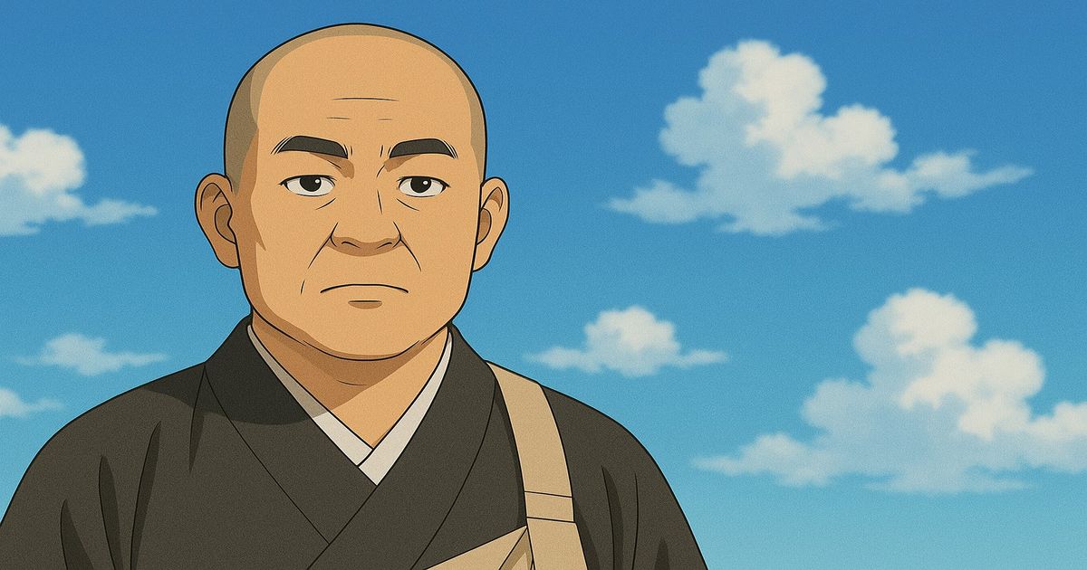 和服を着た坊主頭の男性アニメキャラクターの肖像