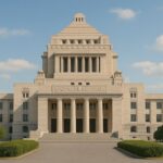 日本の国会議事堂を横長で正面から撮影した高解像度画像。青空の下、左右対称の荘厳な建築が中央にそびえる。