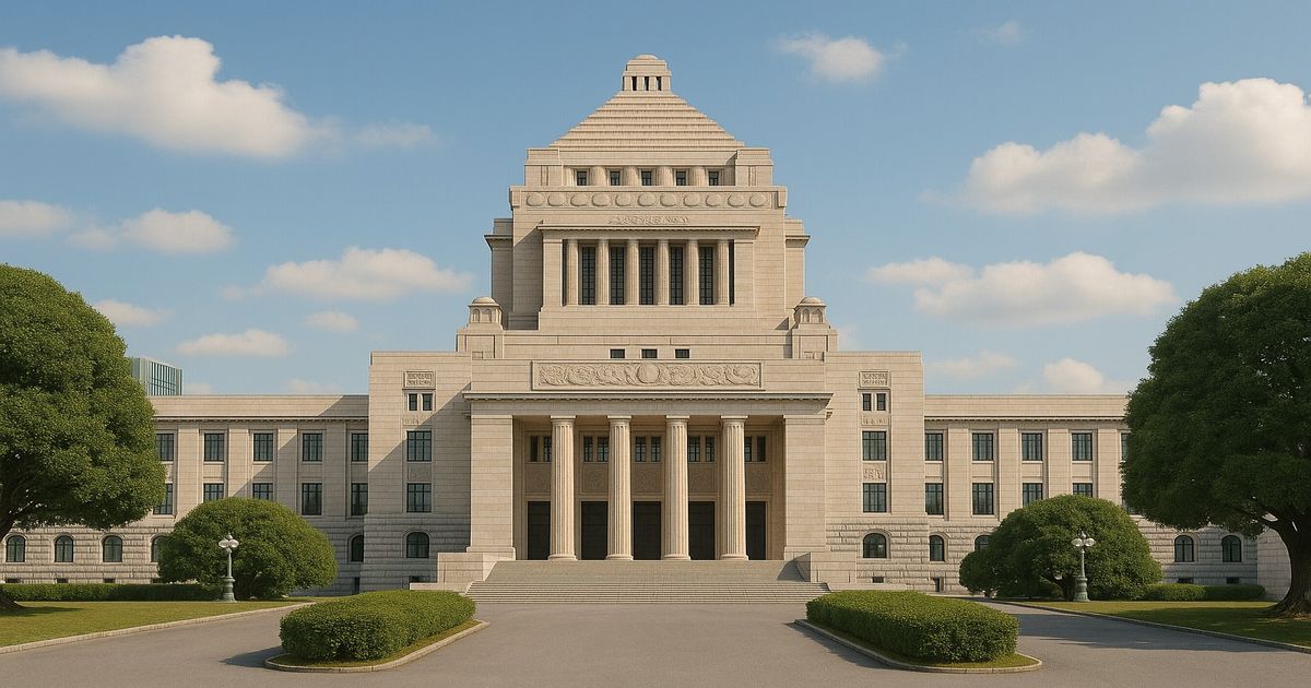 日本の国会議事堂を横長で正面から撮影した高解像度画像。青空の下、左右対称の荘厳な建築が中央にそびえる。