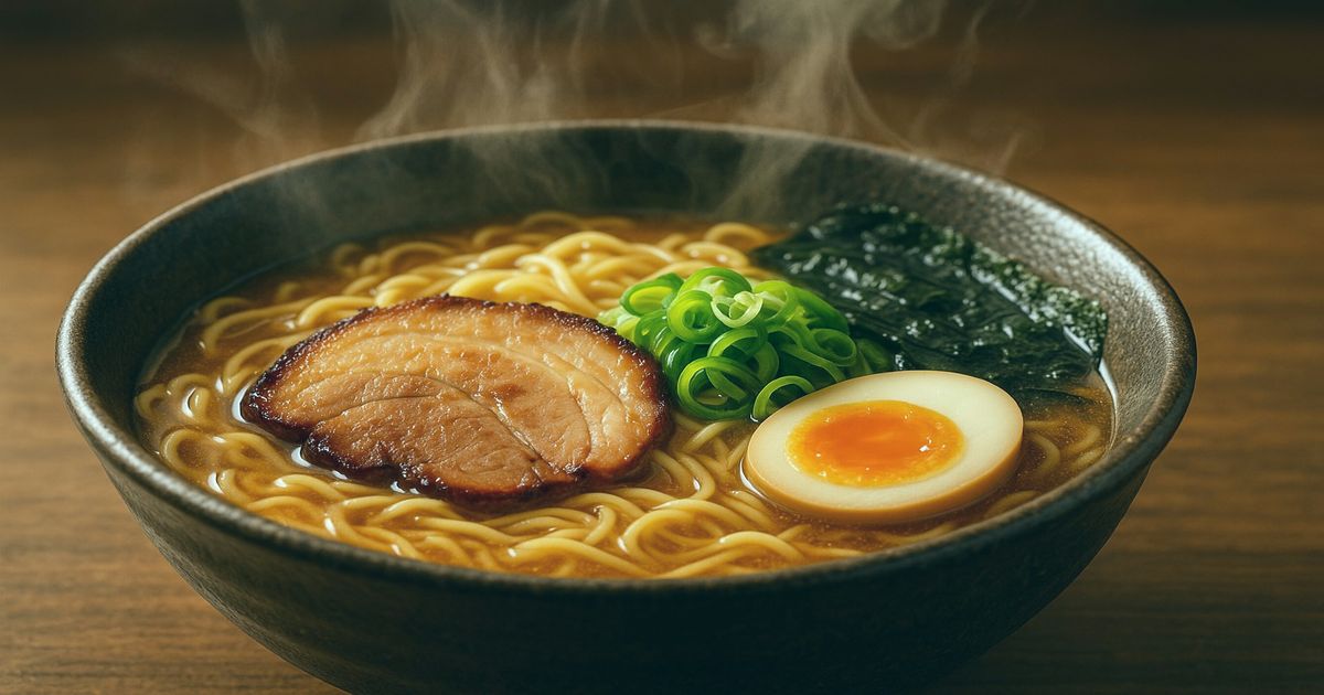 湯気が立ちのぼる美味しそうなラーメンの写真