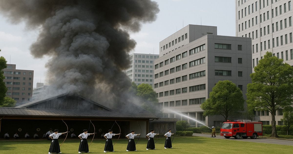明治大学キャンパスで発生した火災、消防隊が消火活動を行う一方で弓道部員が練習を続ける様子