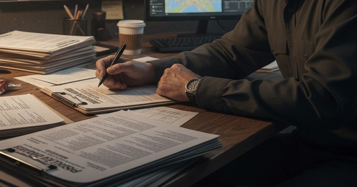 ニセ警察官が「逮捕状」と偽装し40万円詐取した衝撃手口とは? 書類にペンを走らせるー男性の腕ーとー机上の文書ーが映った写真