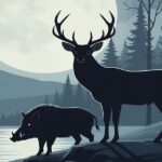 鹿とイノシシのシルエットイラスト