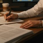 書類にペンを走らせるー男性の腕ーとー机上の文書ーが映った写真