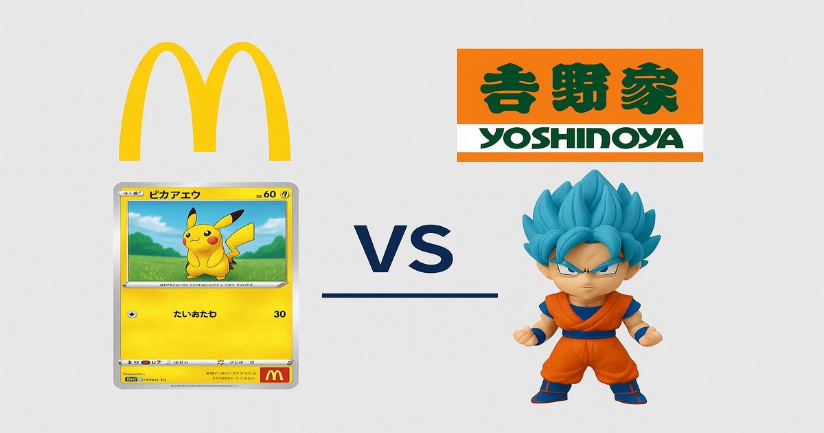 マクドナルドと吉野家のおまけ商法の対比イメージ（ポケモンカードとアニメフィギュア）