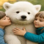 白い子熊を抱きしめる2人の子供