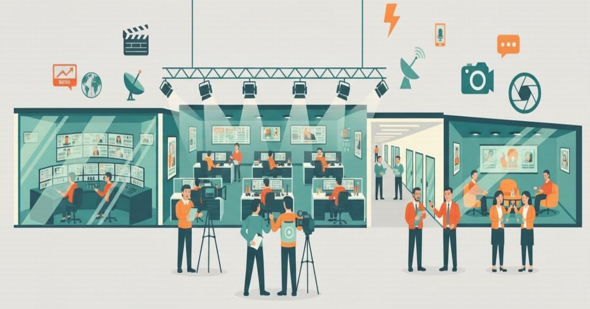 テレビ局やニュース制作チームが働くオフィススタジオのイラスト。ディレクターやカメラマン、編集者がそれぞれの作業を行っている様子。