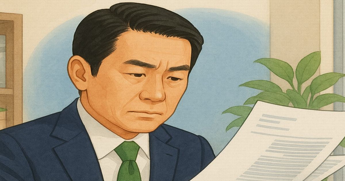 日本人の会社社長が真剣な表情で書類を読むイラスト。スーツに緑のネクタイを着用し、オフィスでの仕事風景を描写。