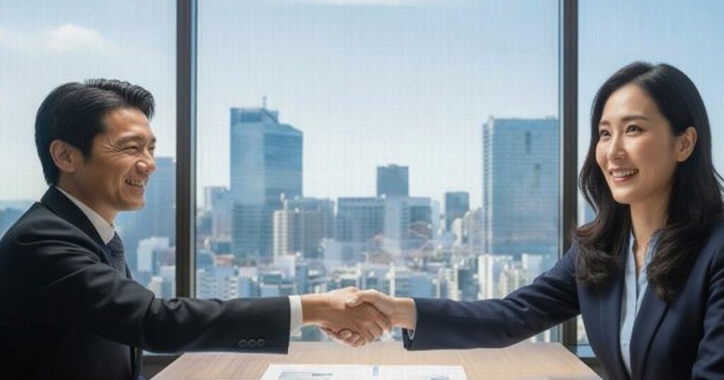 オフィスで握手を交わすスーツ姿の男性と女性のビジネスパートナー