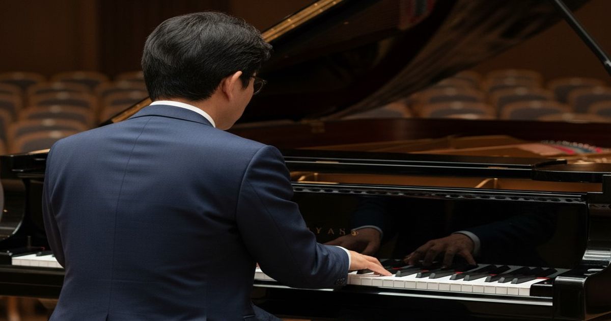 スーツ姿の男性がグランドピアノを演奏している後ろ姿