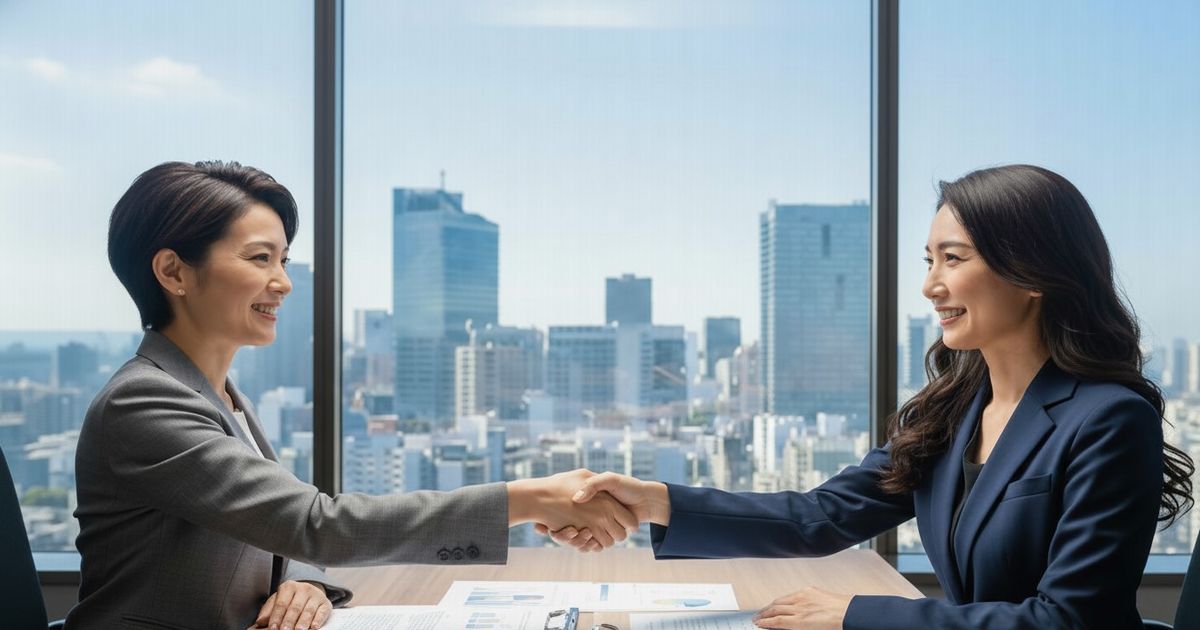 明るいオフィスで笑顔を交わしながら握手するスーツ姿の女性二人。机の上には資料やタブレットが並んでいる。