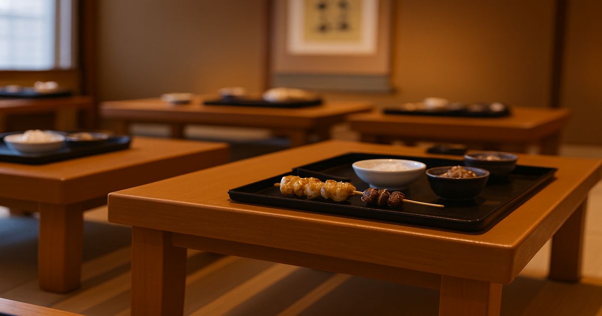 千歳市の居酒屋で15人が食中毒!白レバー串が原因か? 和風の畳部屋に並ぶ木製テーブルに、焼き鳥とレバー串、白ご飯が載ったお膳が置かれている様子