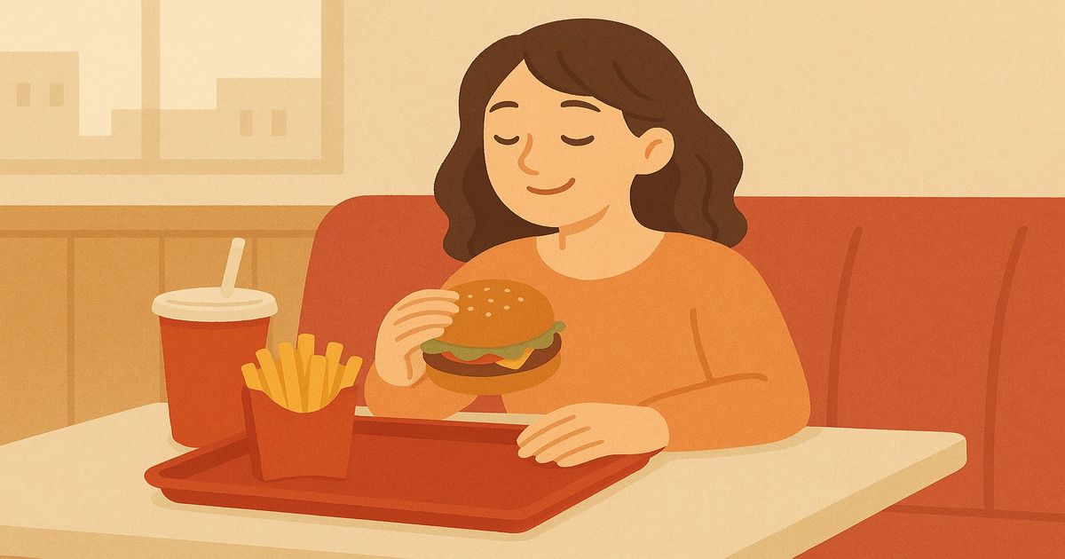 ファーストフード店でハンバーガーを楽しむ女性のイラスト