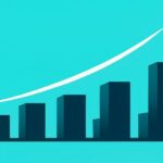 上昇する棒グラフと高層ビル群の上を、白い上昇カーブに沿って飛ぶ飛行機のシルエットのイラスト