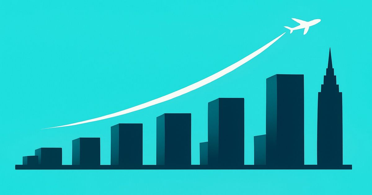 なぜ?くら寿司の株価は大幅上昇し市場の注目を集めるのか 上昇する棒グラフと高層ビル群の上を、白い上昇カーブに沿って飛ぶ飛行機のシルエットのイラスト