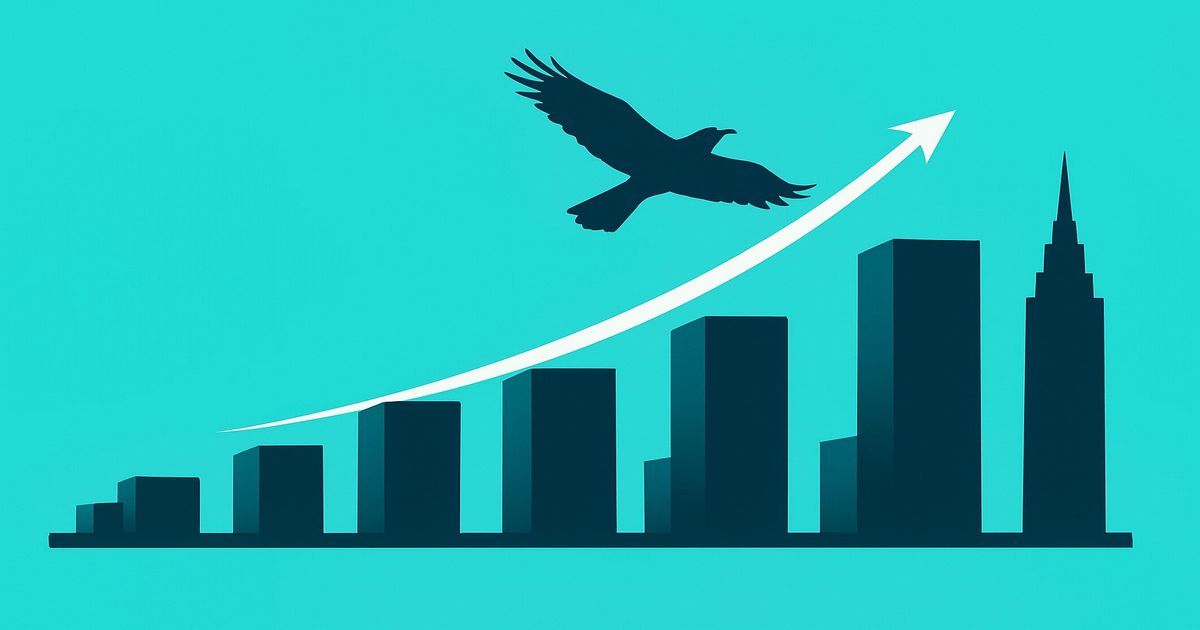 鷹が上昇する矢印とともに飛ぶ様子と、右肩上がりの棒グラフ、都市の高層ビルのシルエットが描かれたイラスト