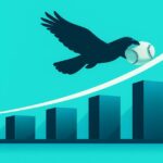 鷹が野球ボールを咥えて飛び立つ成長イメージの立体グラフ