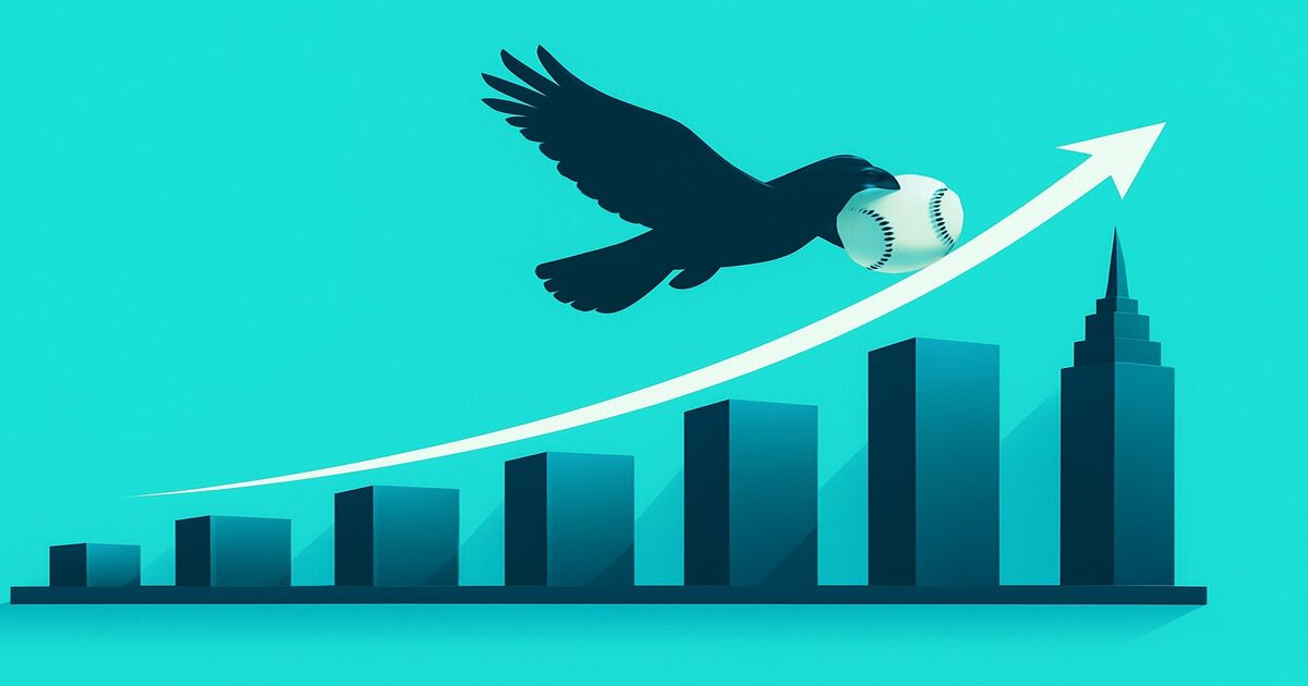 鷹が野球ボールを咥えて飛び立つ成長イメージの立体グラフ