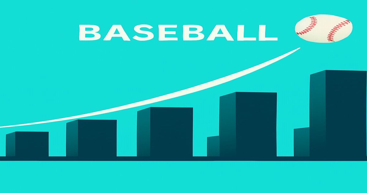 成長グラフの上を飛ぶ野球ボールと「BASEBALL」の文字