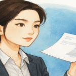 書類を手に持ち、穏やかな表情で前を見つめるスーツ姿の女性