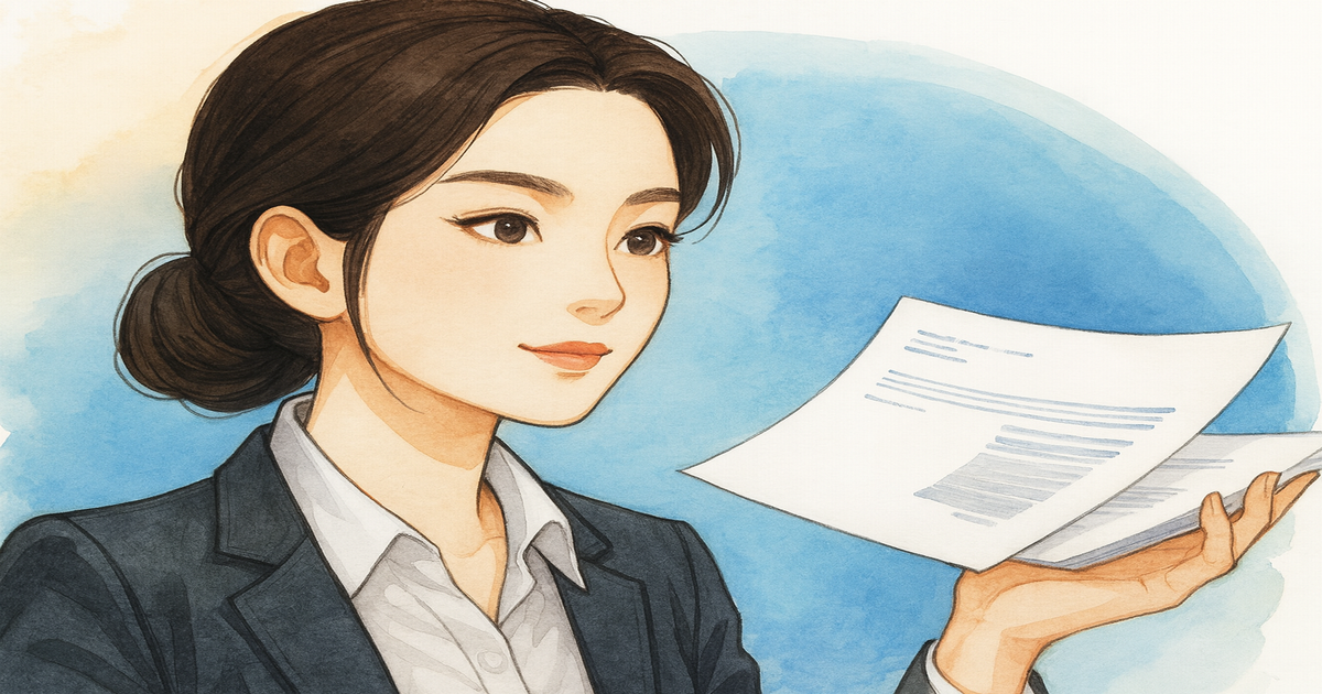 書類を手に持ち、穏やかな表情で前を見つめるスーツ姿の女性