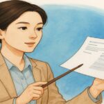 書類を手に持ち、穏やかな表情で前を見つめるスーツ姿の女性