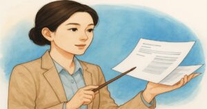 書類を手に持ち、穏やかな表情で前を見つめるスーツ姿の女性