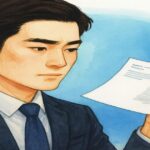 書類を手に持ち、穏やかな表情で前を見つめるスーツ姿の男性