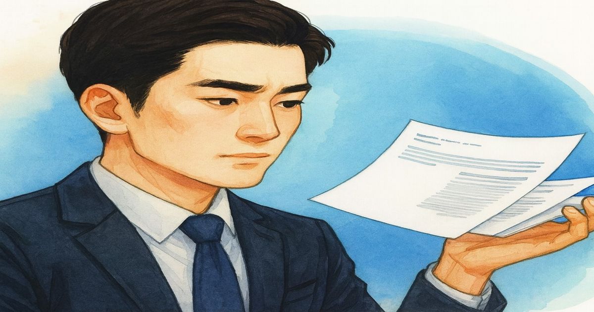 書類を手に持ち、穏やかな表情で前を見つめるスーツ姿の男性