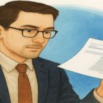 書類を手に持ち、穏やかな表情で前を見つめるスーツ姿の男性