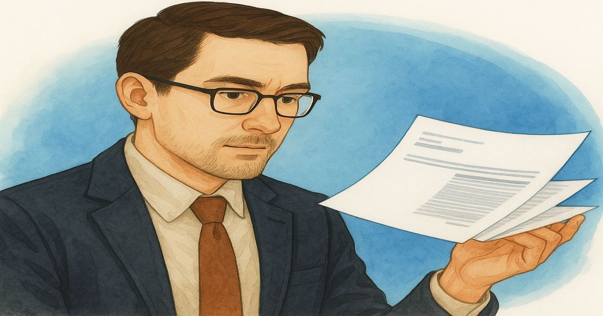 書類を手に持ち、穏やかな表情で前を見つめるスーツ姿の男性