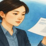 書類を手に持ち、穏やかな表情で前を見つめるスーツ姿の女性