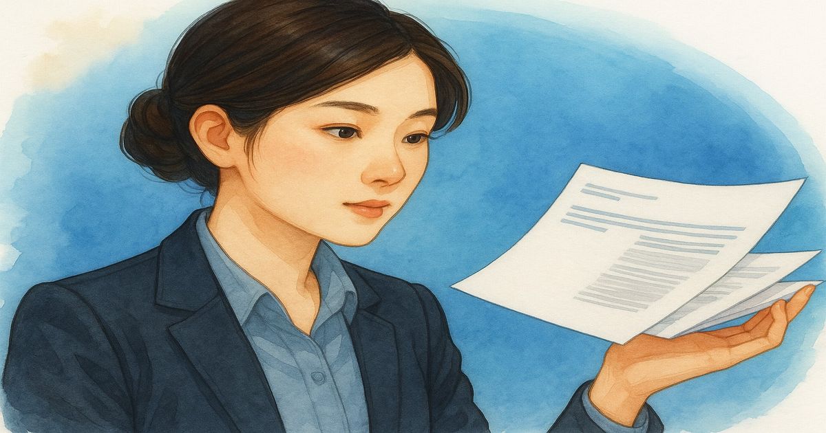 書類を手に持ち、穏やかな表情で前を見つめるスーツ姿の女性