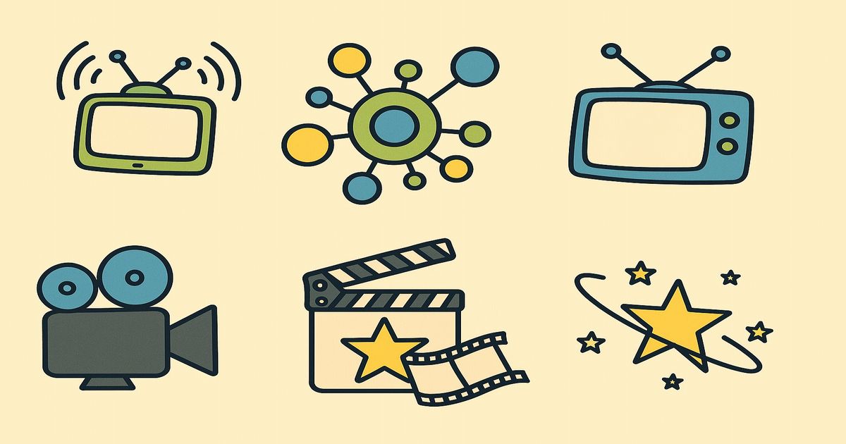 カラフルなテレビ・スター・ネットワーク構造・フィルムを描いたメディア関連のイラスト