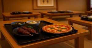 飲食店の料理と食中毒への注意を示すイメージ写真
