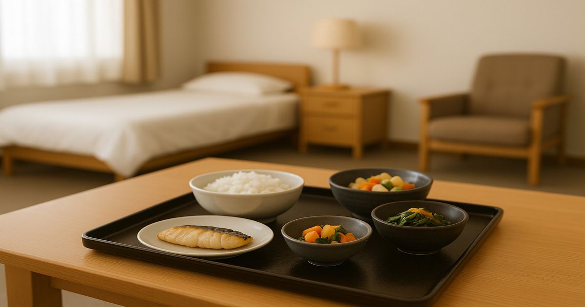 老人ホームの個室のテーブルに、焼き魚や煮物、やわらかい野菜のおかずが並ぶ高齢者向けの食事