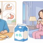 朝食で牛乳を飲む男性と、就寝前に牛乳を飲む女性のイラスト。健康的な生活習慣を表現。