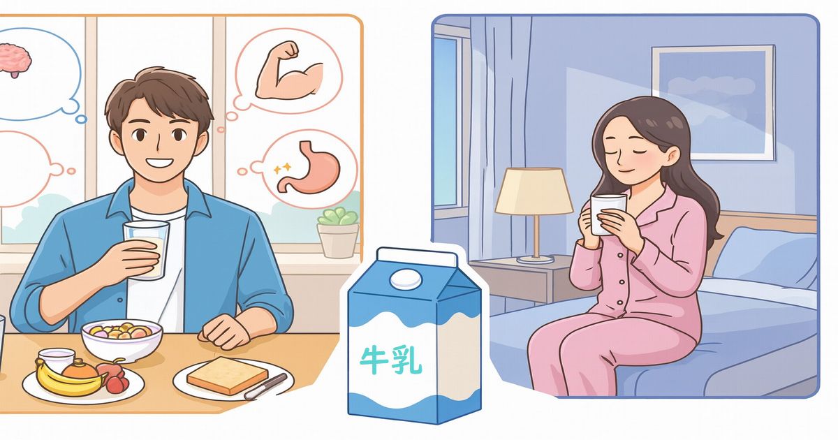 朝食で牛乳を飲む男性と、就寝前に牛乳を飲む女性のイラスト。健康的な生活習慣を表現。