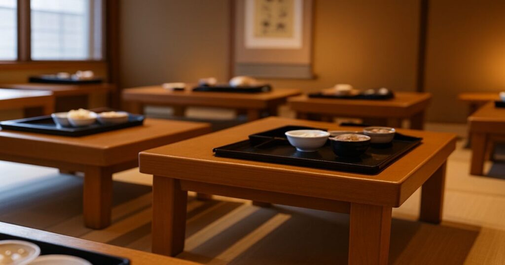 和風の畳部屋に配置された低い木製テーブルと、和食の小鉢が載った黒いお盆の食事セット