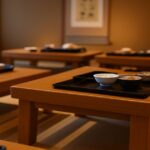 和風の畳部屋に配置された低い木製テーブルと、和食の小鉢が載った黒いお盆の食事セット