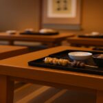 和風の畳部屋に並ぶ木製テーブルに、焼き鳥とレバー串、白ご飯が載ったお膳が置かれている様子