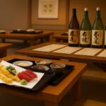 和風の畳部屋に配置された低い木製テーブルと、和食の小鉢が載った黒いお盆の食事セット