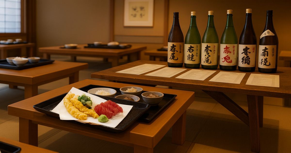 和風の畳部屋に配置された低い木製テーブルと、和食の小鉢が載った黒いお盆の食事セット