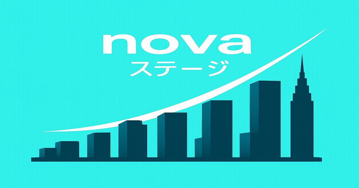 novaステージのアイキャッチ画像。中央に配置された文字。都市のシルエットが描かれている。